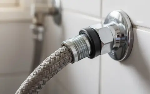 Gros plan sur un raccord double en métal chromé, connectant un tuyau tressé à une valve murale.