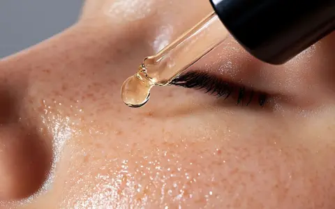 Goutte d'un sérum doré tombant sur une peau frecklée, essentielle à la routine soin visage matin et soir pour une peau éclatante.