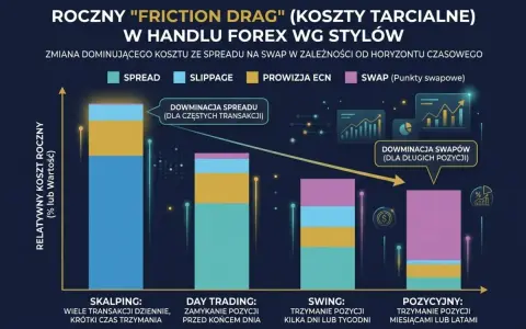Wykres przedstawia analizę techniczną kosztów transakcyjnych w handlu Forex. Dominacja spreadu w skalpingu, a swapów w pozycjach długoterminowych.