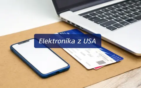 Smartfon, laptop i karty płatnicze na tle tekstu "Elektronika z USA". Zastanawiasz się, co oplaca się kupić w Stanach?