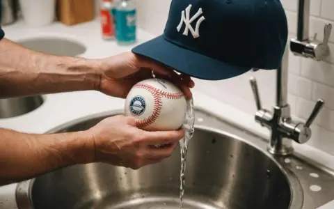 Czyszczenie czapki z daszkiem i piłki baseballowej pod bieżącą wodą.