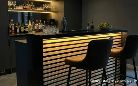 Bar moderne avec éclairage LED intégré dans des tasseaux de bois. Idée déco pour un coin bar chic.