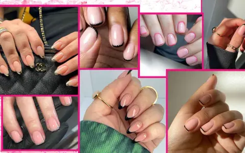 Collezione di unghie french particolare unghie gel: french con punte dorate, nere, rosa e glitter. Eleganza e stile.