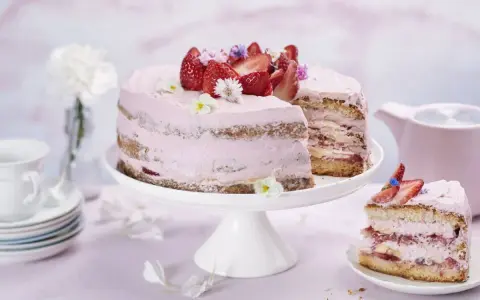 En vacker jordgubbstårta med rosa frosting och färska jordgubbar. En bit är uppskuren och ligger på en separat tallrik.