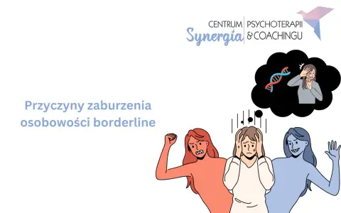 Ilustracja przedstawia trzy postacie symbolizujące emocje, w tym jedną zmartwioną, oraz myśl o DNA.