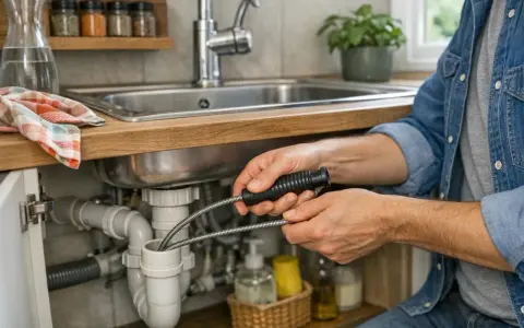 Un homme utilise un furet pour déboucher un évier de cuisine. Les canalisations sous l'évier sont visibles.