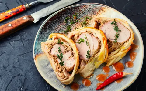 Pyszne danie z ciasta francuskiego z soczystym mięsem i farszem grzybowym, udekorowane gałązkami tymianku i papryczką chili.