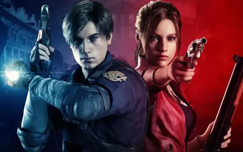 Leon y Claire, protagonistas de juegos supervivencia pc, listos para la acción con sus armas.
