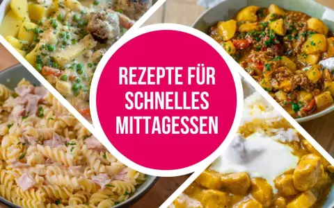 Vier leckere Gerichte für ein schnelles Mittagessen: Frikadellen mit Kartoffeln und Erbsen, Gulasch mit Kartoffeln, Nudeln mit Schinken und Curry mit Reis.
