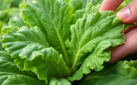 Puceron choux : une main examine une feuille verte infestée de petits insectes noirs. Un traitement naturel est peut-être nécessaire.