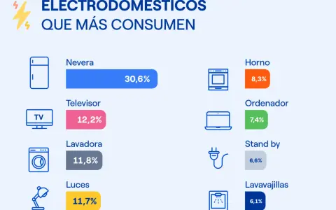 Gráfico muestra cuántos megavatios consume una casa: nevera (30,6%), TV (12,2%), lavadora (11,8%), luces (11,7%), horno (8,3%), ordenador (7,4%), stand by (6,6%), lavavajillas (6,1%).