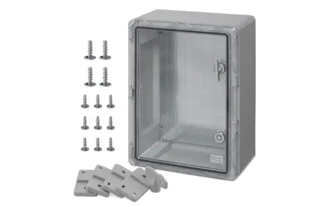 Coffret PVC transparent avec porte verrouillable, accompagné de vis et de supports de fixation. Idéal pour protéger vos équipements.