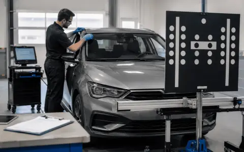 Mechanik w warsztacie przygotowuje samochód do wymiany szyby, używając specjalistycznego sprzętu.