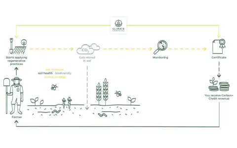 Diagram shows a farmer starting regenerative practices, leading to CO2 stored in soil. Monitoring, certification, and carbon credit revenue follow, illustrating farming carbon credits.