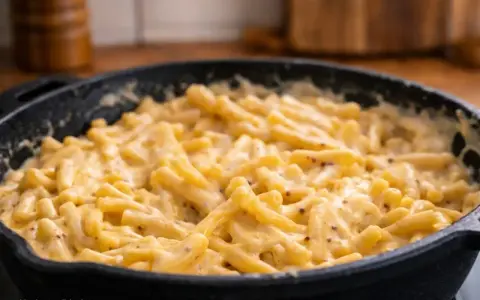 Cremiges Mac & Cheese Rezept in einer Gusseisenpfanne, perfekt für einen gemütlichen Abend.