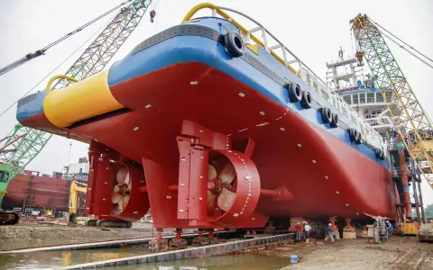 Gros navire rouge et bleu sur des supports, avec des hélices visibles. Des grues et des ouvriers sont présents. On aperçoit des anodes sur la coque, protégeant contre la corrosion, qu'elles soient anode + ou -.