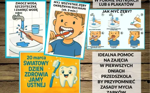 Instrukcja mycia zębów dla dzieci: zmocz szczoteczkę, nałóż pastę, myj okrężnymi ruchami, nie zapomnij o języku i wypłucz wodą.