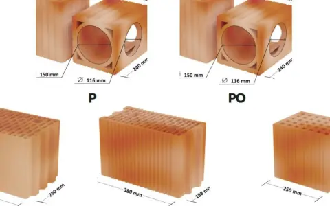 Elementy ceramiczne: pustak wentylacyjny z kanałem płaskim (P, PO) oraz pustaki budowlane (25 AKU, LPW 18,8 AKU, PCM AK) z wymiarami.