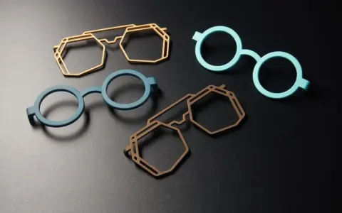 Four colorful, modern 3d printing glasses frames in geometric and round shapes, displayed on a dark surface.