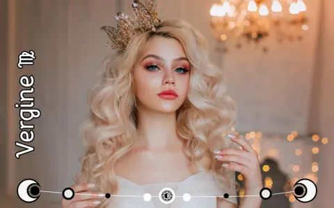Królowa z koroną, blond włosami i makijażem oczu. Tekst "Vergine" i symbol Panny wskazują na ascendent w Pannie.