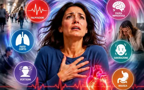 Donna in preda al panico, con sintomi come palpitazioni, fiato corto, vertigini, sudorazione, nausea e paura improvvisa. Si può morire per un attacco di panico.