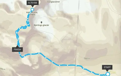 Karta över en vandringsled till Kebnekaise, 2098m. Leden är markerad med blå prickar från START till FINISH.