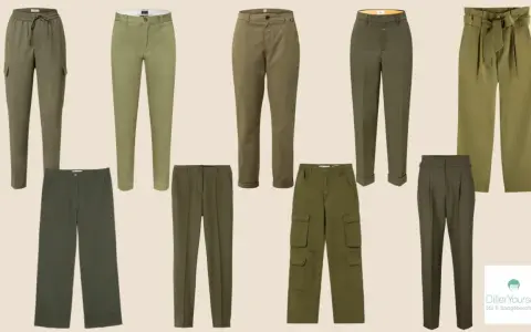 Verschiedene Hosen in Khaki-Tönen. Welche Farbe passt zu Khaki? Hier sehen Sie Beispiele von Hosen in Olivgrün, Hellgrün und Braun.