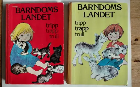 Two children's book covers: one red with a girl and kittens, one yellow with a girl and lambs.
