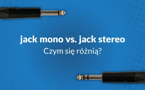 Dwa kable jack, jeden mono, drugi stereo, na niebieskim tle.