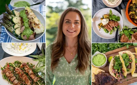 En kvinna ler i mitten, omgiven av bilder på utsökt mat. Allt ser ut att vara grillat till midsommar, med allt från köttspett till grönsaker och tacos.