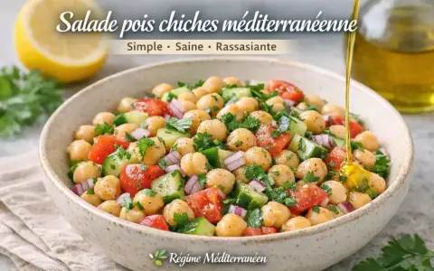 Salade méditerranéenne colorée avec pois chiches, tomates, concombre et oignon rouge, arrosée d'huile d'olive.