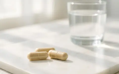 Tre capsule beige e un bicchiere d'acqua su una superficie chiara. Scopri quali sono i probiotici per il tuo benessere.