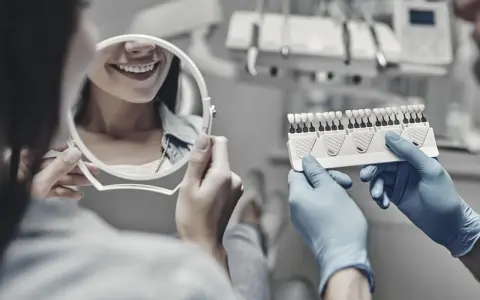 Dentysta pokazuje pacjentce wzornik kolorów zębów, pacjentka ogląda swój uśmiech w lusterku.