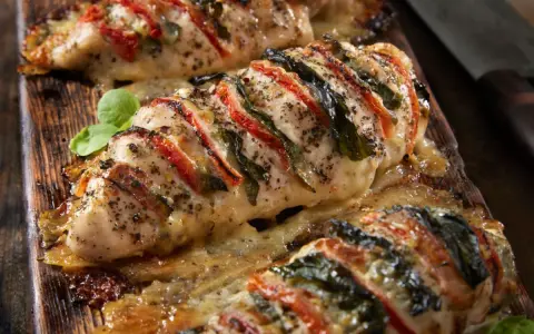 Pyszna pierś z kurczaka z suszonymi pomidorami i mozzarellą z piekarnika, podana na desce.