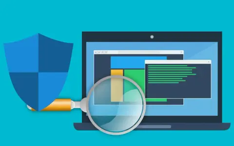 Bouclier bleu protégeant un ordinateur portable analysé par une loupe. Illustration sur la façon de se débarrasser du ransomware.