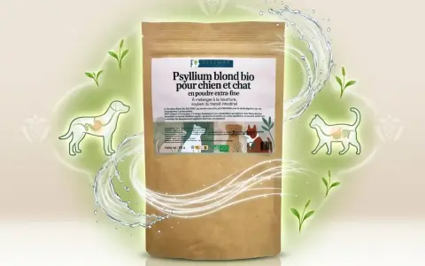 Sachet de psyllium blond bio pour chien et chat, idéal pour le transit intestinal. Aide à réguler la digestion.