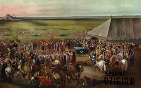 Uroczystość na polach, gdzie zgromadził się tłum ludzi i wojsko. Może to być scena związana z odszkodowaniem za potop szwedzki.