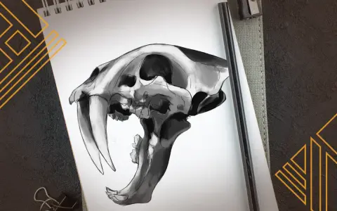 Présentation dessin d'un crâne de tigre à dents de sabre, esquissé au crayon sur un carnet. Un crayon et un taille-crayon sont à proximité.