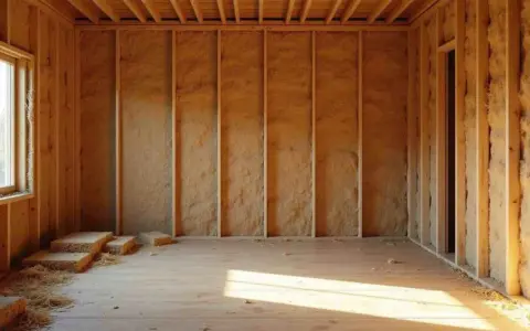 Intérieur d'une maison en construction, avec un mur terre paille visible. Des bottes de paille sont empilées près d'une fenêtre.
