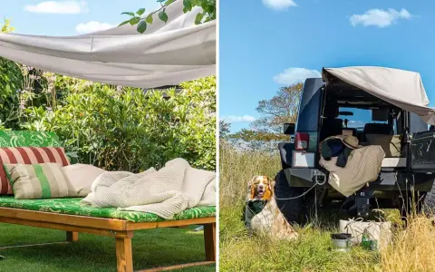 Gemütliche Liege unter einem DIY-Sonnensegel im Garten und ein Geländewagen mit Sonnensegel als Schutz für ein Picknick im Freien.