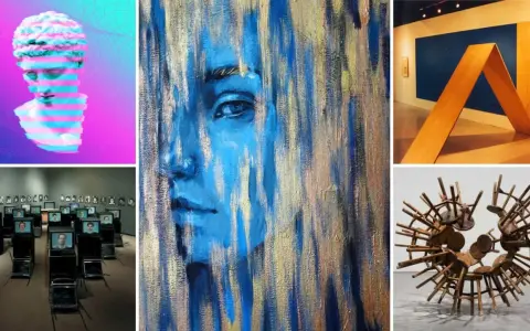 Collage of modern art: glitch bust, blue portrait, video installation, wooden sculpture, and chair art. These explore what themes had the largest impact on modern art.