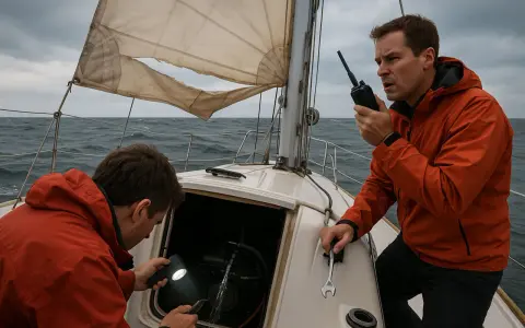 Deux hommes sur un voilier en mer agitée examinent le moteur. L'un éclaire avec une lampe torche, l'autre tient une clé, peut-être pour le fonctionnement inverseur moteur bateau.