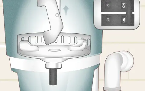 Illustration showing a tool being inserted into a garbage disposal to help unclog it. A switch with "ON" is visible.
