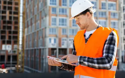 Ingénieur consultant un plan sur tablette devant un immeuble en construction.