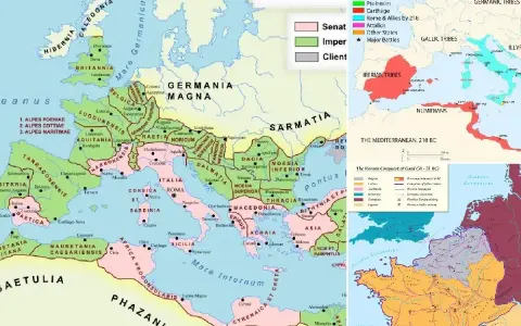 Mapa del Imperio Romano mostrando sus etapas de expansión y control territorial.