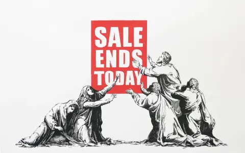 Figures reach for a red sign reading "SALE ENDS TODAY," perhaps lamenting the tax on sale of inherited art.