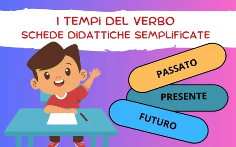 Un bambino studia i tempi del verbo: passato, presente e futuro. Schede didattiche semplificate per la classe seconda.