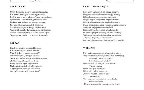 Monachomachia streszczenie: mysz próbuje przekonać kota do rozmowy, ale ten ją zjada. Bajka o lwie i zwierzętach, oraz o myszach i wilczkach.