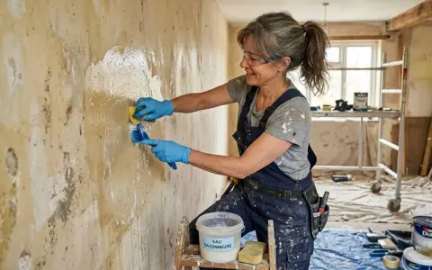Une femme en salopette bleue, portant des gants bleus et des lunettes, utilise une éponge et une brosse pour lessiver un mur avant de le peindre.