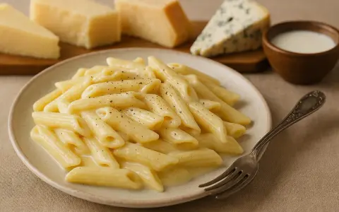 Penne w sosie serowym, obok kawałki sera, w tym gatunek owczego sera, i mleko.